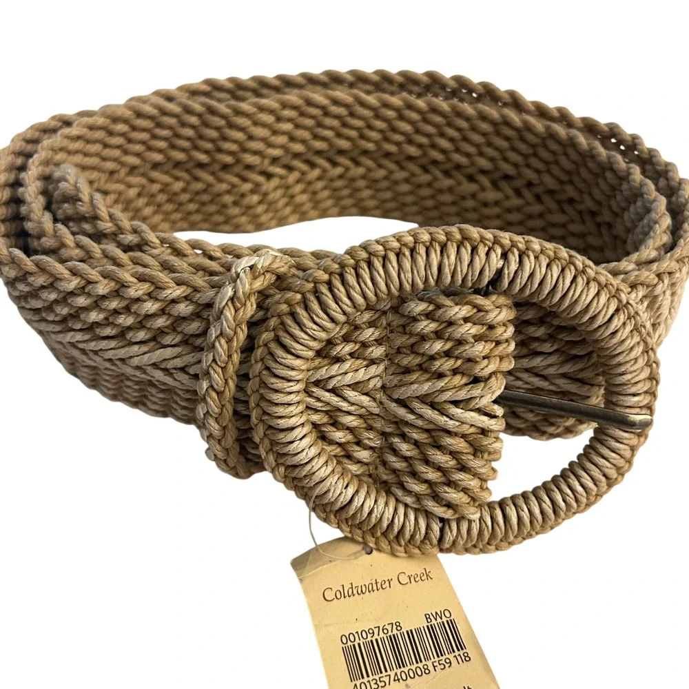 Coldwater Creek Tan Woven Cotton Cord Braided Belt Round Buckle L/XL New